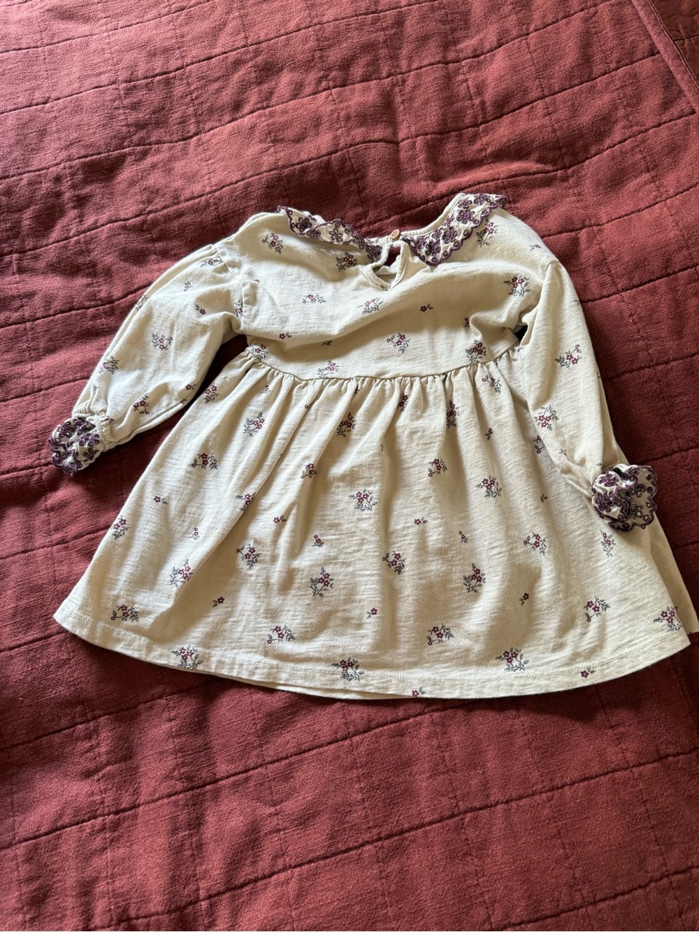 Cream Floral Long-Sleeve Girls' Dress with Purple Trim
